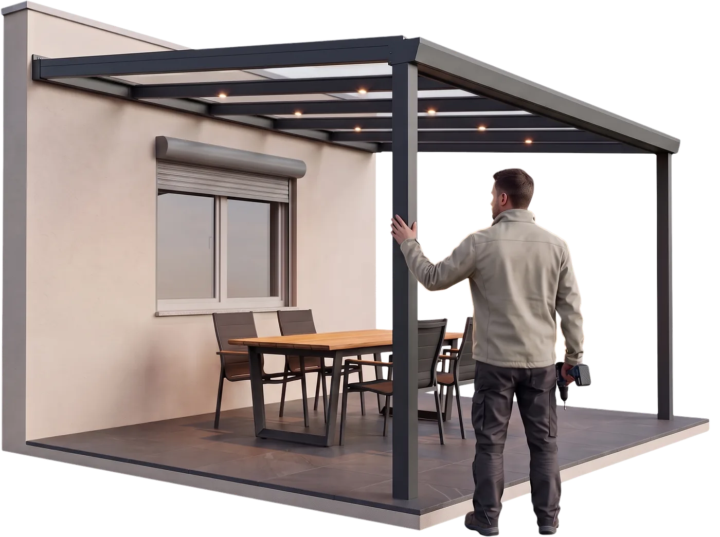 Monteur prüft ein anthrazitfarbenes Terrassendach mit Glas und LED-Spots